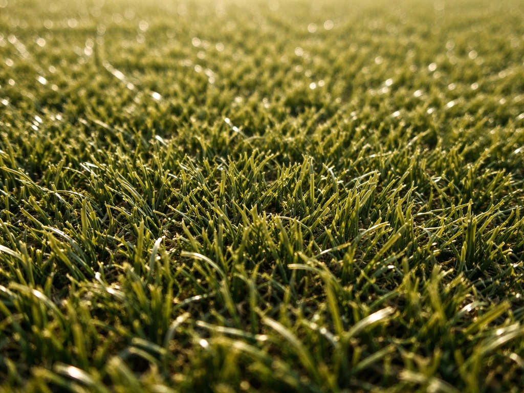 Gros plan sur des fibres de gazon synthétique au soleil, surface sombre et chaleur suggérée par le contraste.