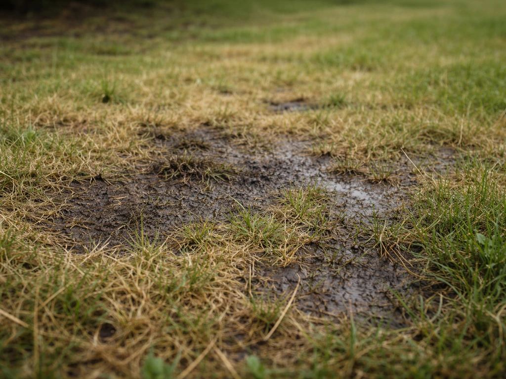 Gazon au ras du sol avec zones sombres, herbe jaunie, évoquant une humidité stagnante et du moisi.