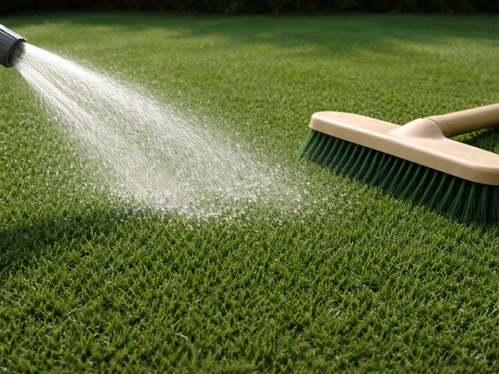 Jet d’eau rinçant un gazon synthétique, puis brossage pour relever les fibres