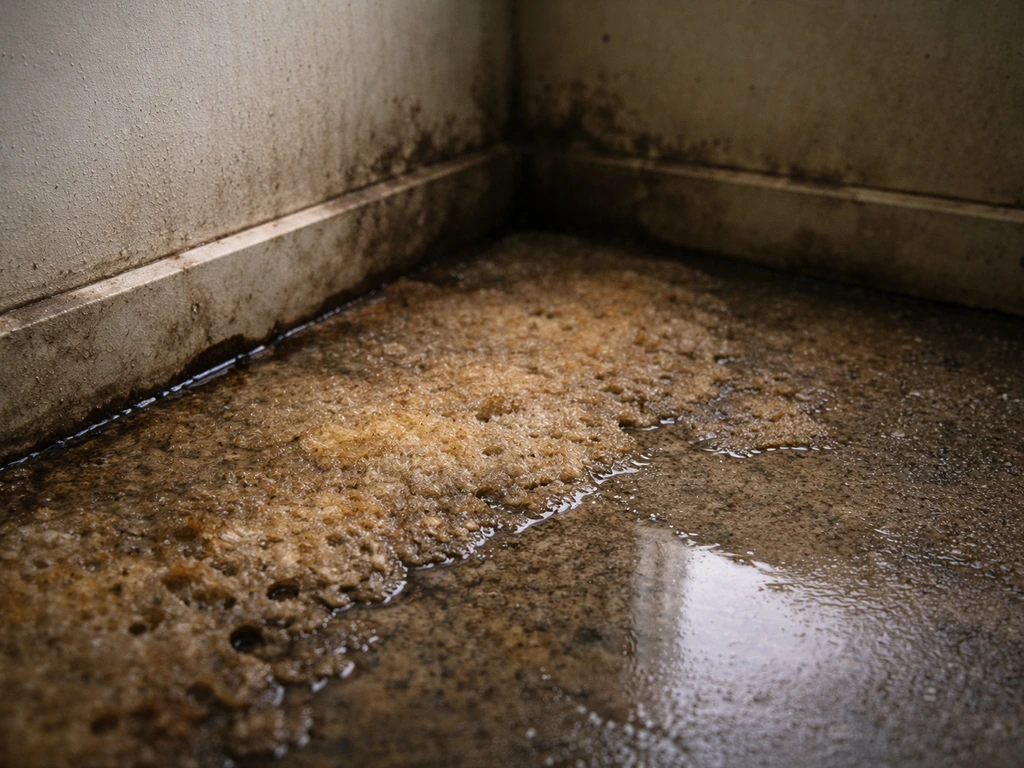 Coin de sol et fibres spongieuses humides, eau stagnante légère, sans personne, ambiance de renfermé.