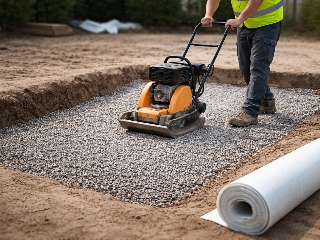 Chantier : compactage d’une grave drainante concassée avant pose du géotextile pour gazon synthétique.