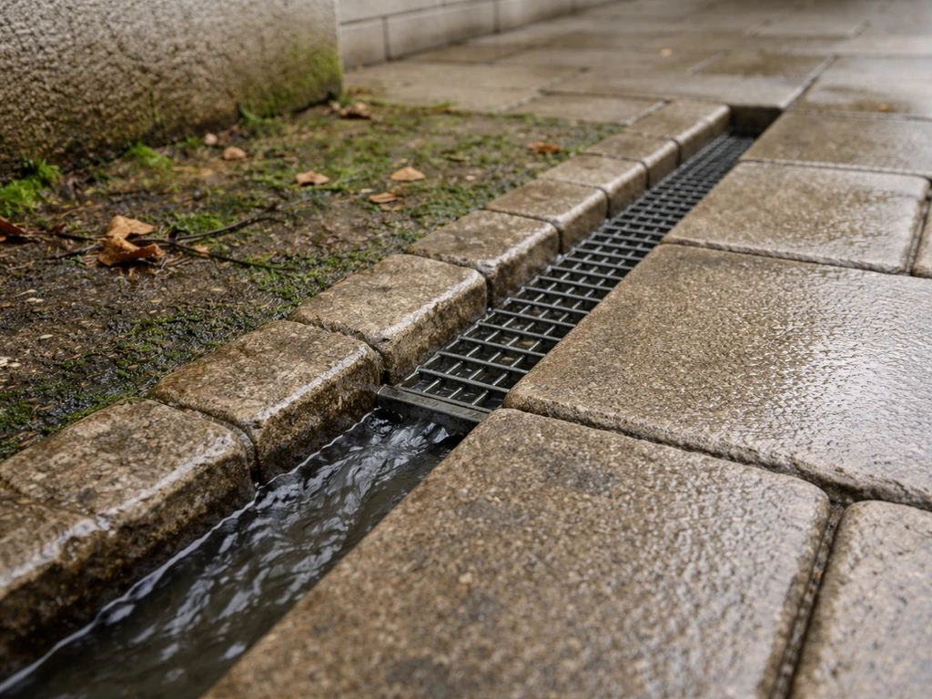 Caniveau nettoyé : l’eau s’écoule vers l’exutoire, zone près du sol moins couverte de mousse.