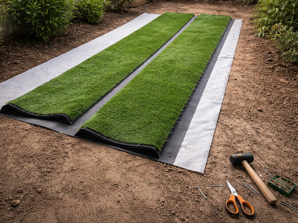 Gazon synthétique posé sur terre préparée, géotextile visible et lés fixés dans un jardin français