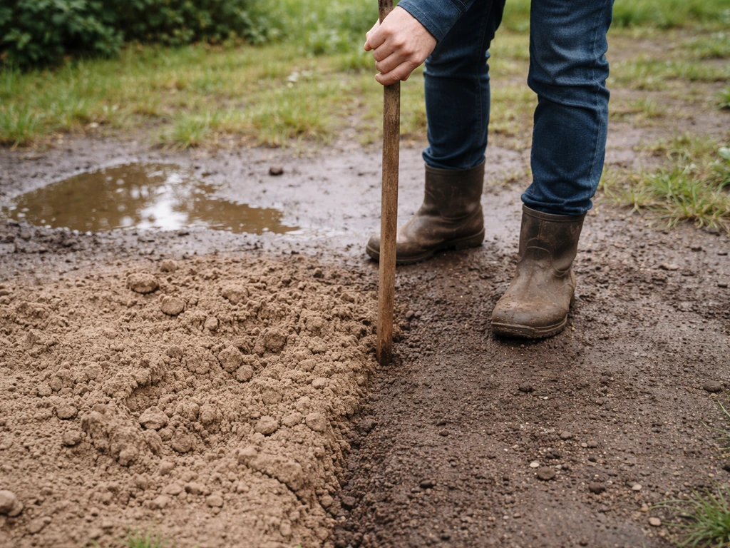 Adulte piquant un bâton dans le sol humide après la pluie, montrant une terre qui s’écrase et un sol plus compact.