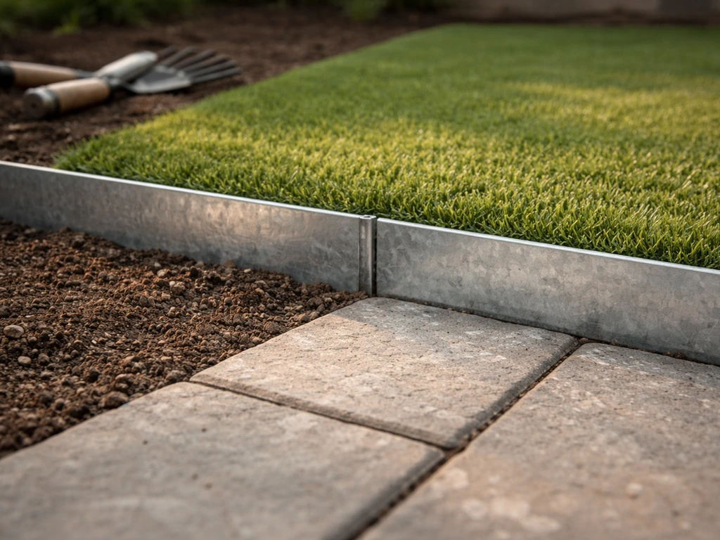 Bordure rigide de jardin installée au ras d’un gazon synthétique, avec transition propre vers une terrasse