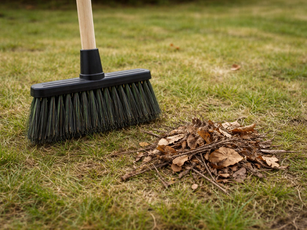 Brosse à poils raides levée sur un gazon, avec feuilles et brindilles retirées avant le rinçage.
