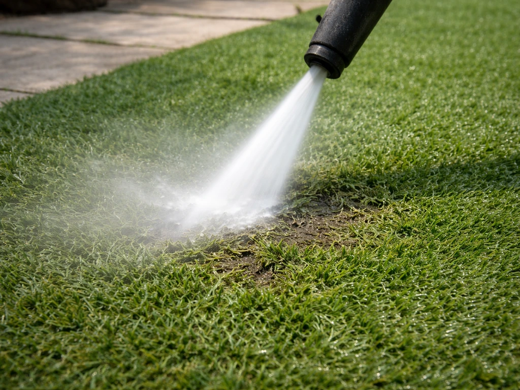 Jet haute pression trop proche d’un gazon synthétique, eau floue et fibres abîmées, mauvaise pratique de nettoyage.