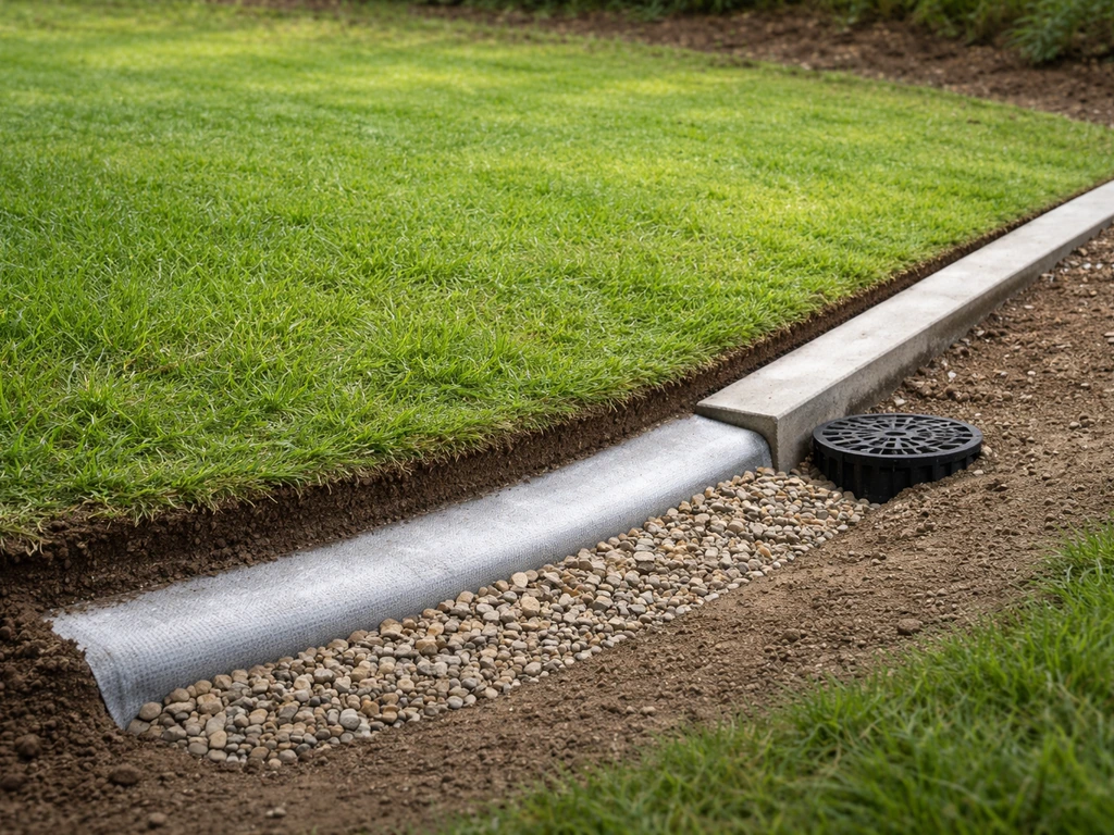 Coupe latérale d’un gazon avec géotextile et pente de drainage vers l’évacuation, pour éviter la moisissure.
