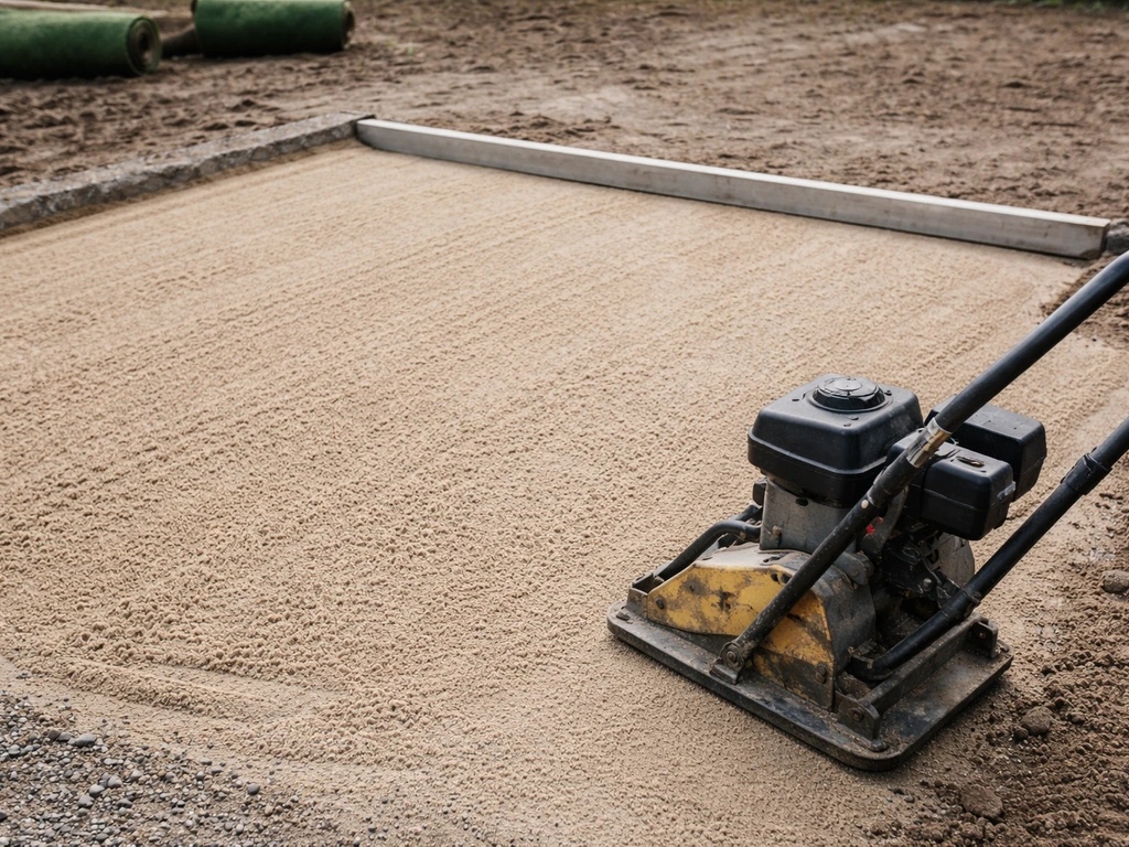 Lit de sable concassé étalé et nivelé avant compactage pour une pose de gazon synthétique