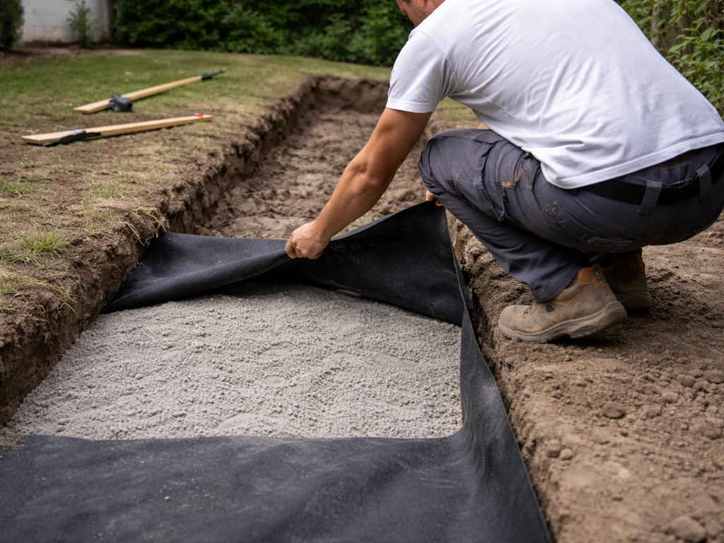 Tranchée de jardin : géotextile posé sous le sable, vue chantier, lumière naturelle, composition minimaliste.