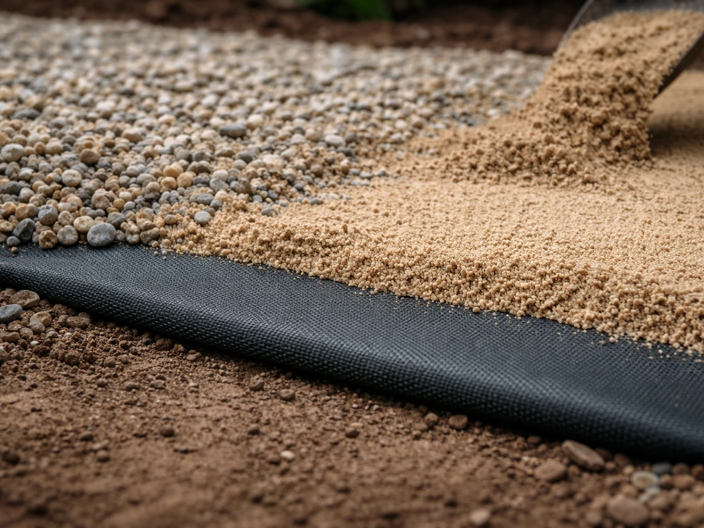 Géotextile posé sur sol compacté sous une couche de gravier, avec sable nivelé en surface.