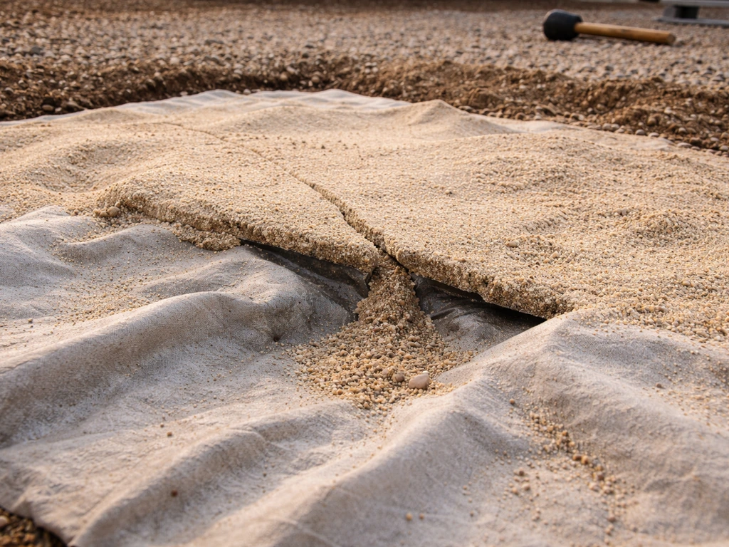 Chantier de terrasse : géotextile froissé, sable qui affleure, légère fissure sur la surface après un mauvais ordre de c