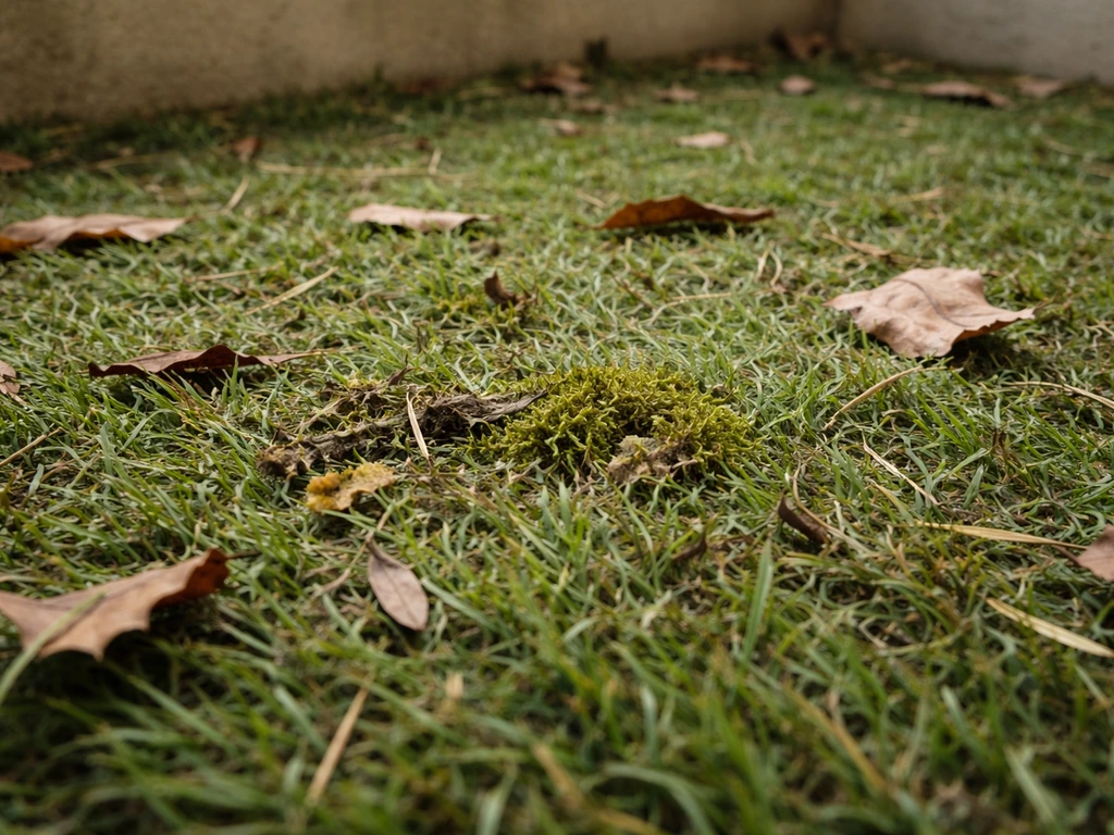 Gazon synthétique encrassé : feuilles mortes, brindilles et mousse coincées entre les fibres.