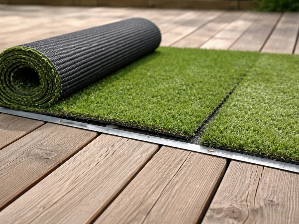 Gazon synthétique posé sur une terrasse en bois, jonctions et bordure visibles, exemple de mauvaise installation.