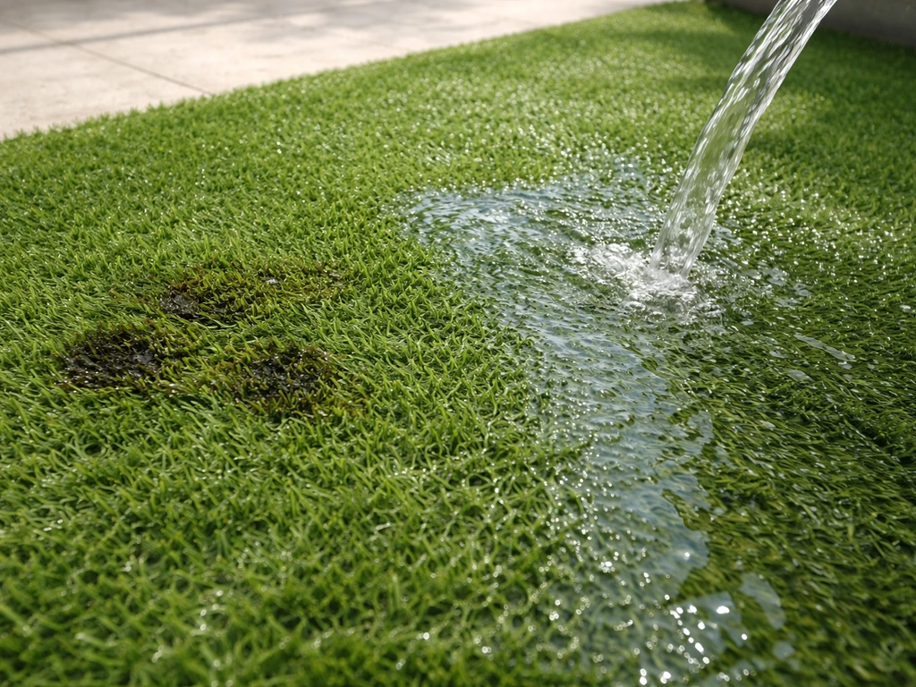 Gazon synthétique taché par l’urine, rincé à l’eau claire avec fibres visibles, dans un coin extérieur.
