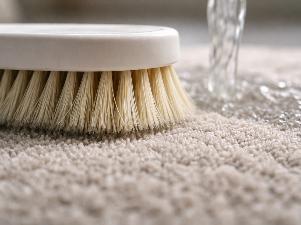 Gros plan sur une brosse à poils synthétiques qui soulève les fibres d’un textile, avec un rinçage à l’eau.
