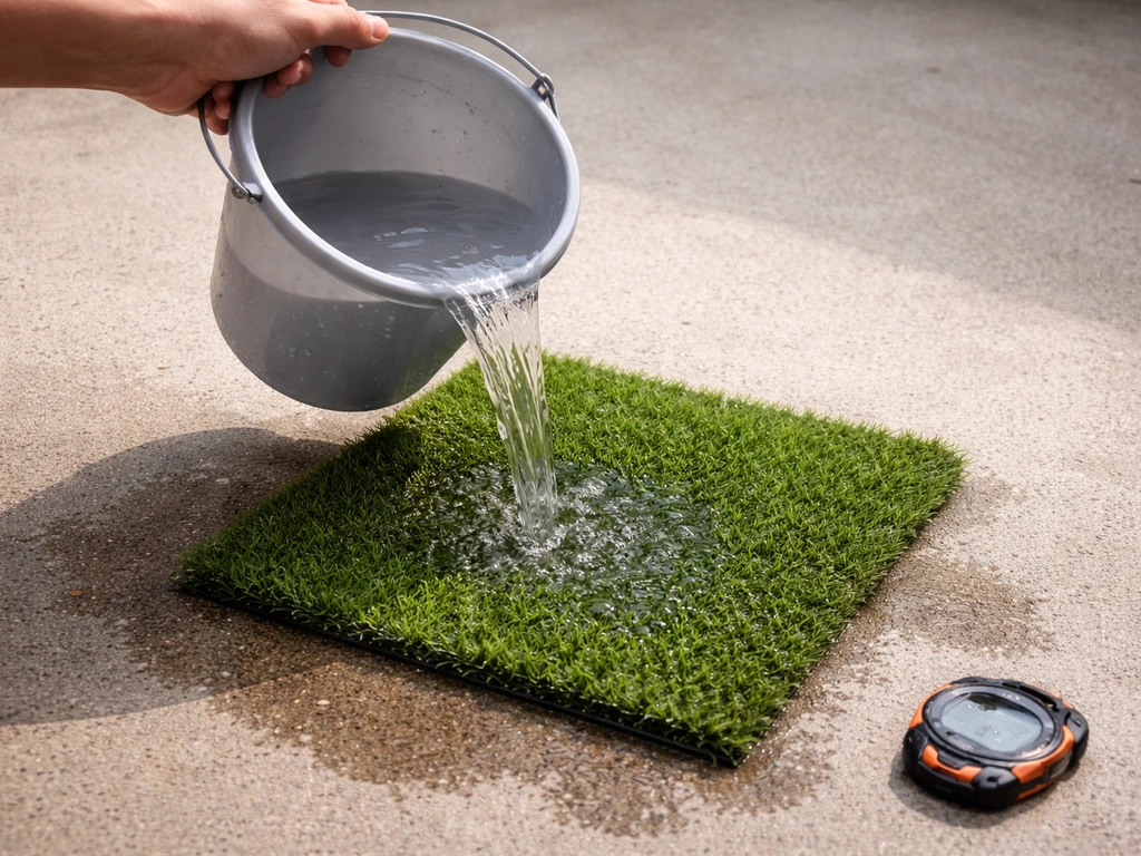 Main versant de l’eau sur du gazon synthétique pour observer l’infiltration et le drainage.