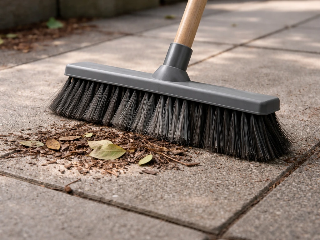 Balai à poils synthétiques brossant une surface avec feuilles et brindilles visibles au premier plan.