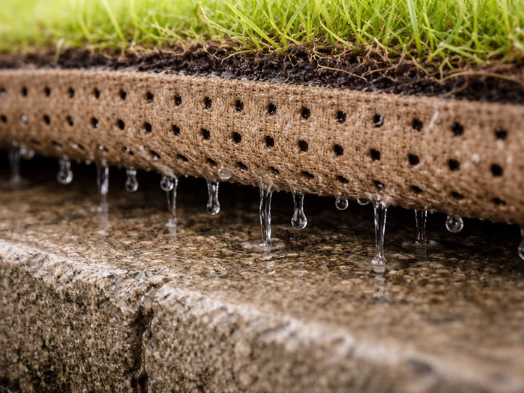 Macro d’un endos de gazon perforé sur béton avec un fin filet d’eau qui s’infiltre entre les couches.