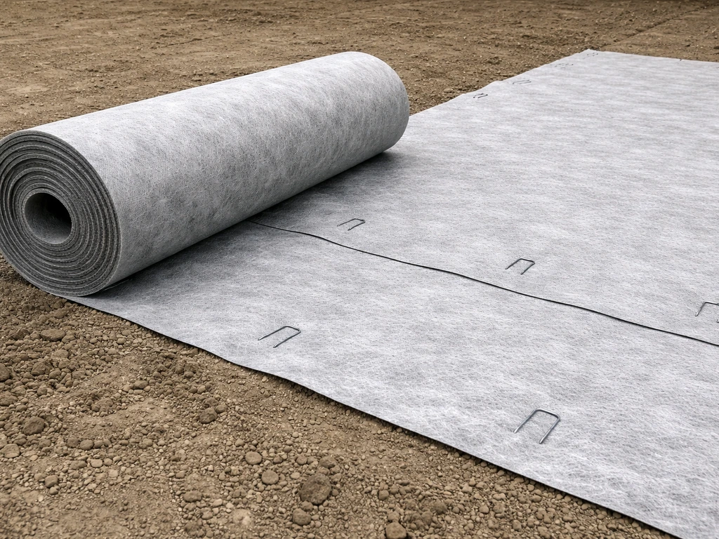 Géotextile de drainage déroulé au sol, fixé par agrafes, avec recouvrement entre deux lés.