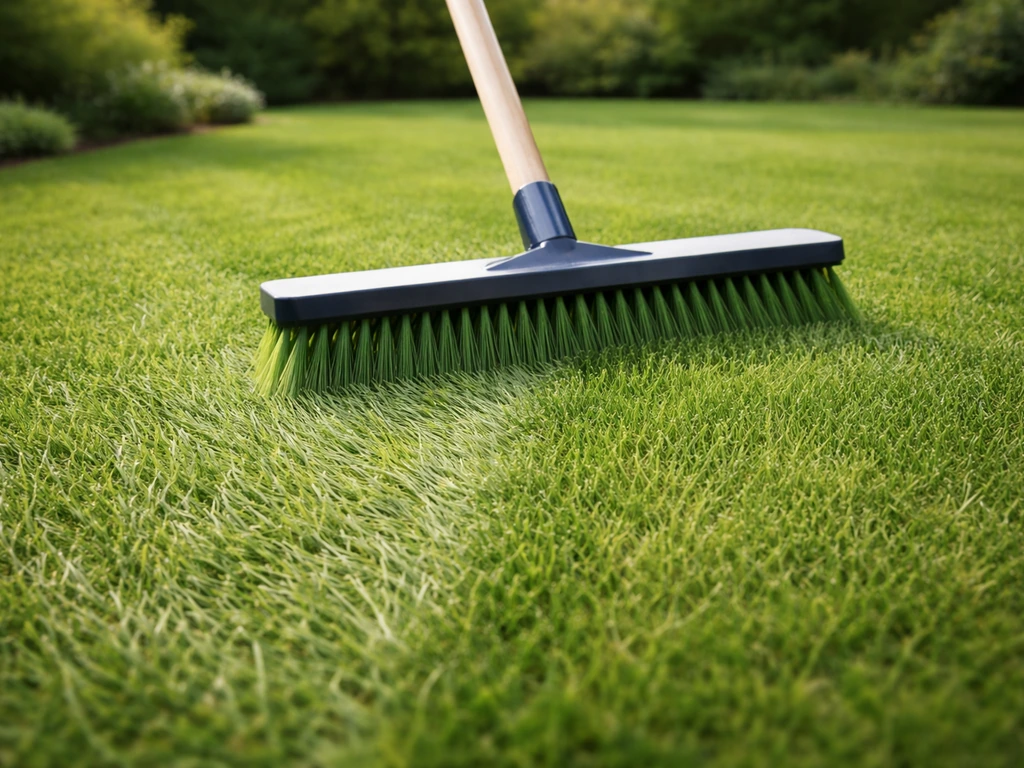 Brossage à contre-sens d’un gazon, brosse à dents sur une zone de fibres légèrement couchées.