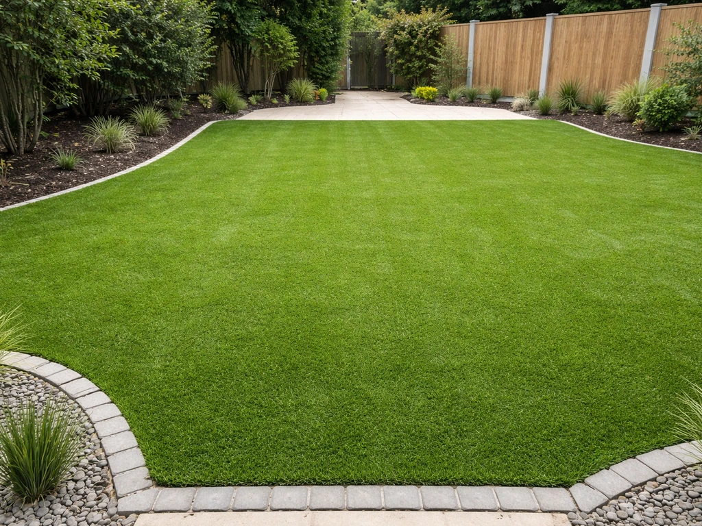 Jardin nouvellement équipé : gazon synthétique uniforme, bordures nettes et rendu propre.