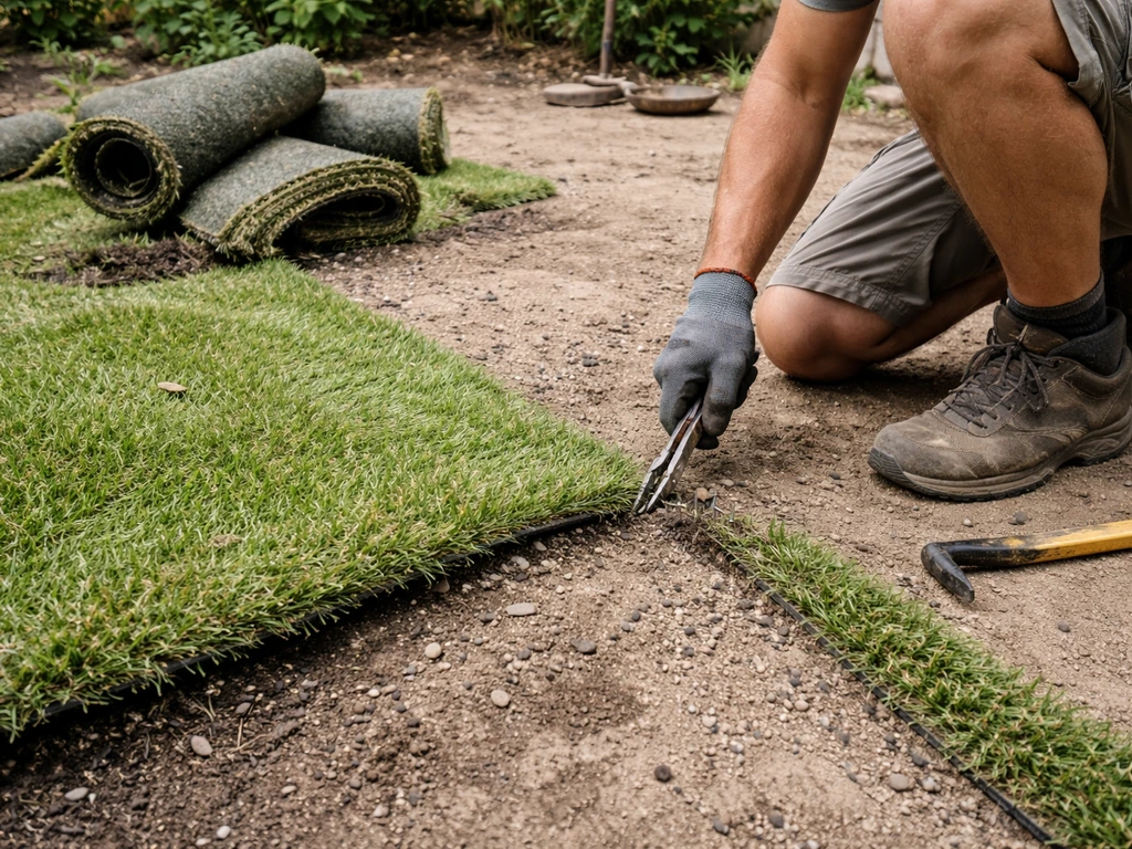 Chantier : retrait d’agrafes et découpe en bandes d’un gazon synthétique existant avant nouvelle pose.