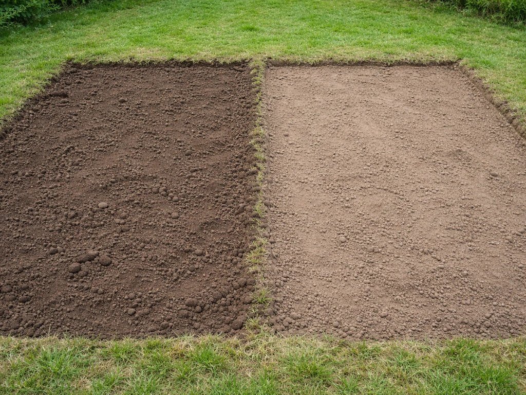 Deux zones de jardin côte à côte : terre décapée sur sol nu, puis sol plus propre prêt pour la pose de gazon