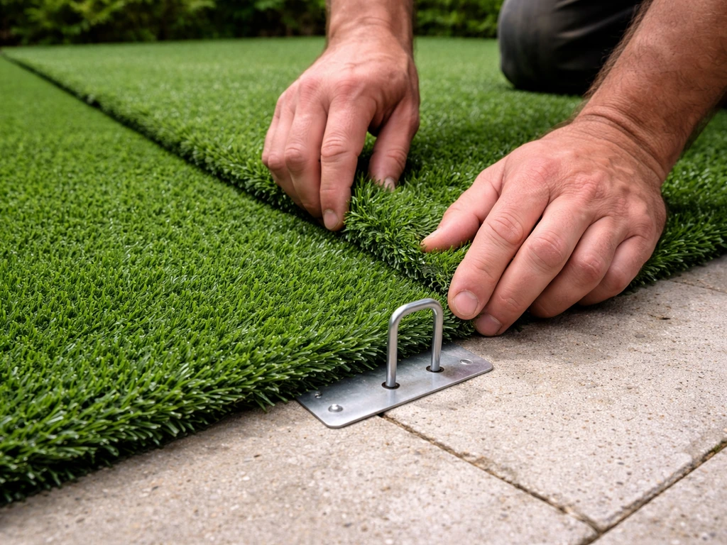 Mains ajustant la jonction et fixant le bord d’un gazon synthétique avec des agrafes.
