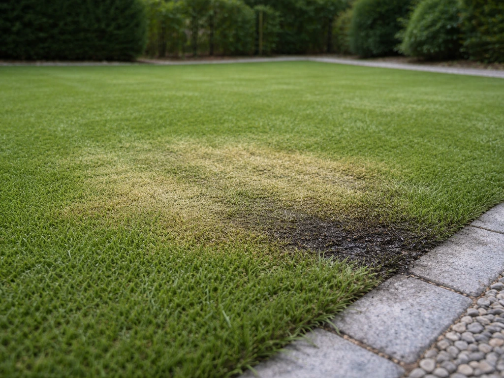 Pelouse de gazon synthétique avec zones ternies et une portion sombre, comme humide, dans un jardin.