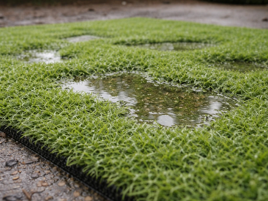Gazon synthétique après pluie, flaques d’eau qui stagnent dans les creux entre les fibres.