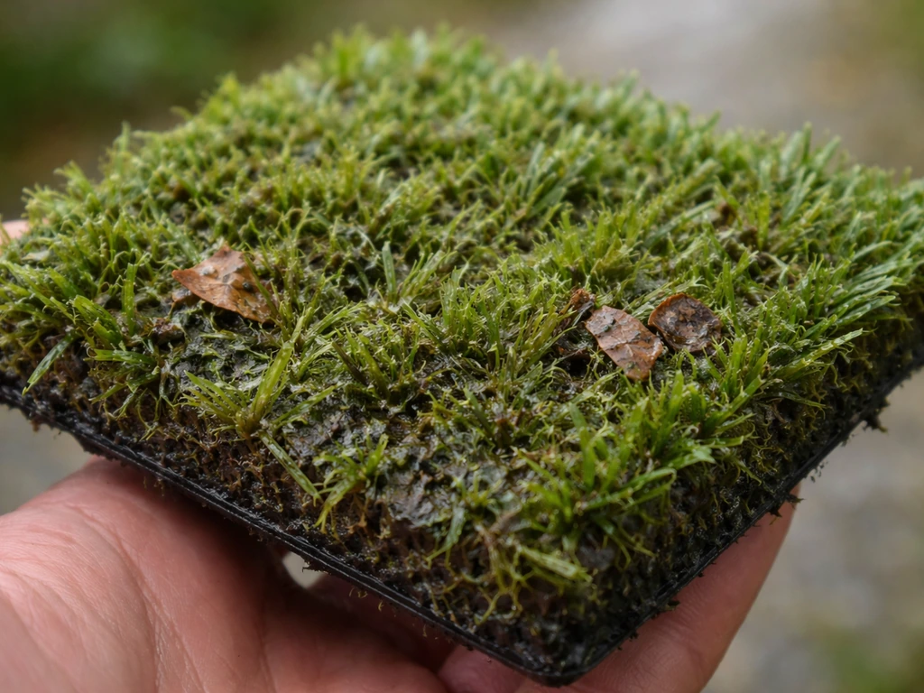 Gazon synthétique en gros plan avec dépôts verts, mousses et feuilles décomposées entre les fibres
