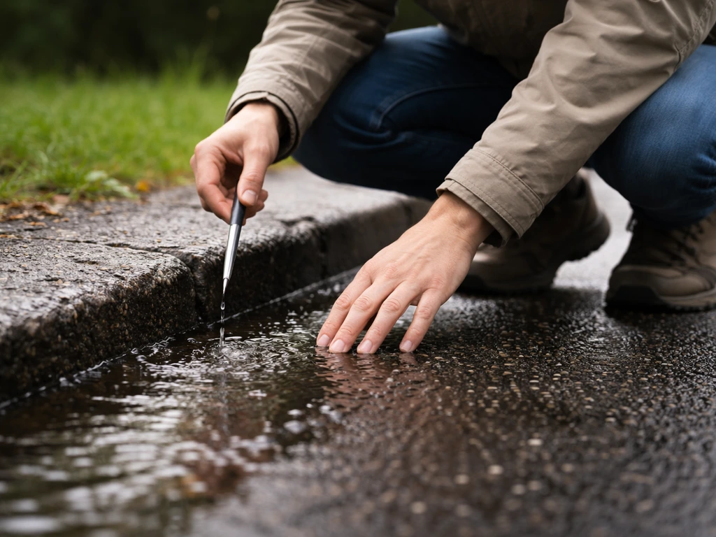Personne tenant une petite sonde et vérifiant l’écoulement d’eau près du sol après la pluie.