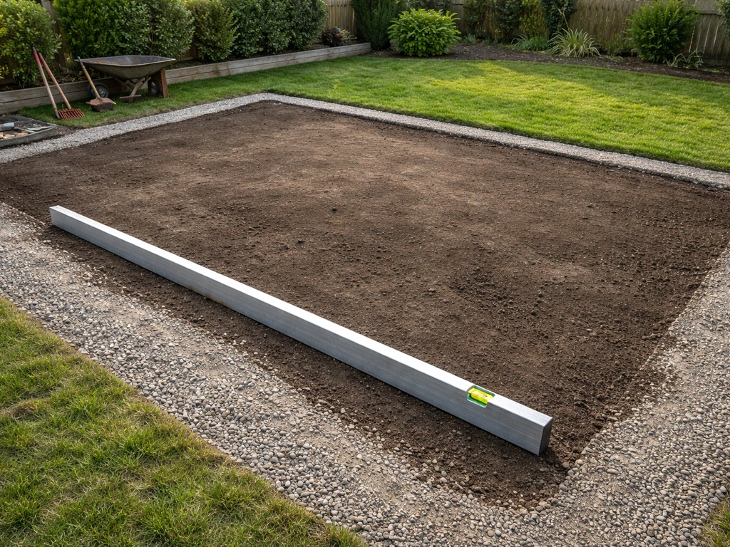 Terrassement minimal : sol décapé, niveau à bulle et gravier uniformément réparti pour préparer une pose de gazon synthé