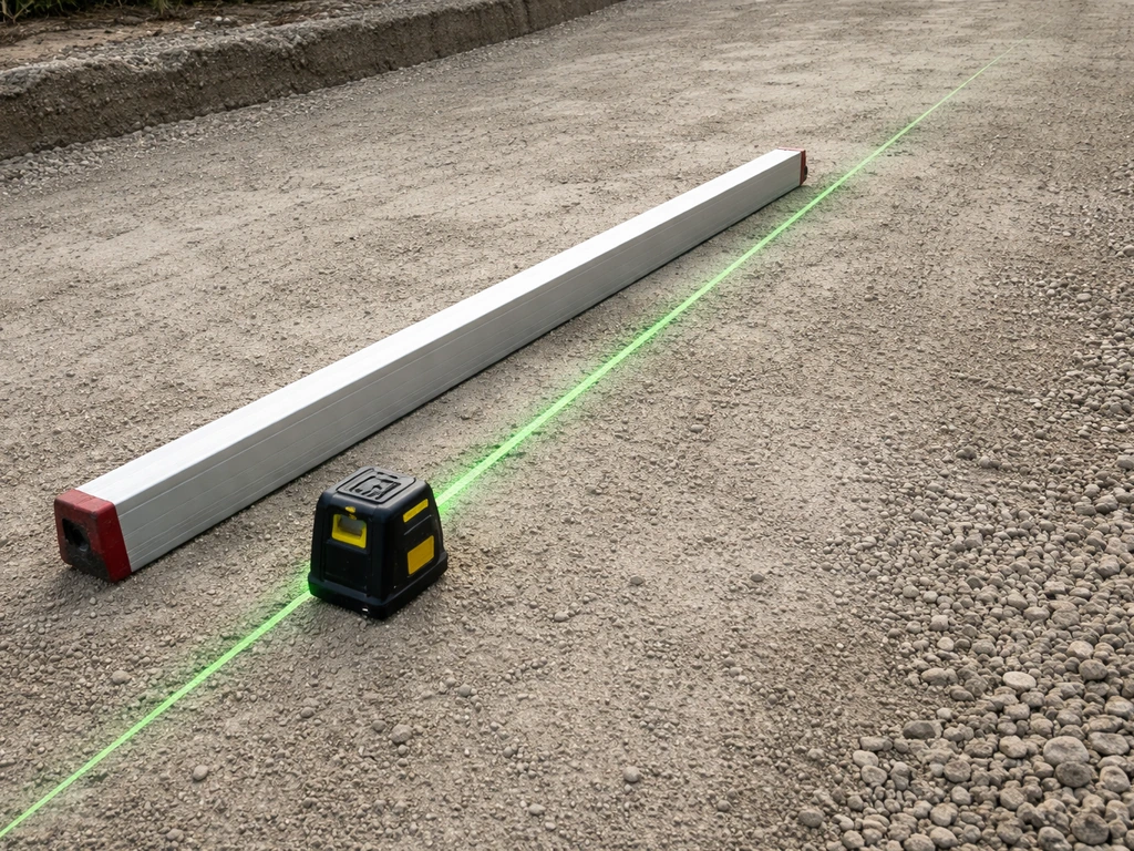 Sol préparé avec règle de maçon et niveau laser posés sur une surface nivelée, pente maîtrisée
