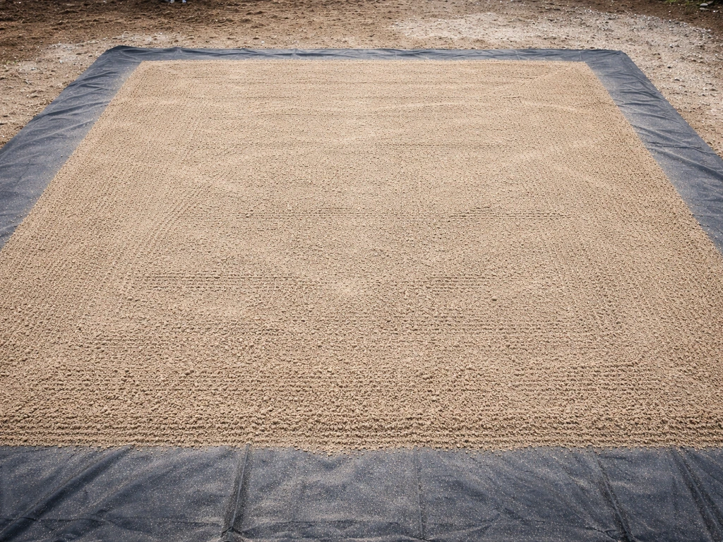 Vue de dessus d’une couche de sable concassé uniformément étalée sur une bâche, avant compactage.