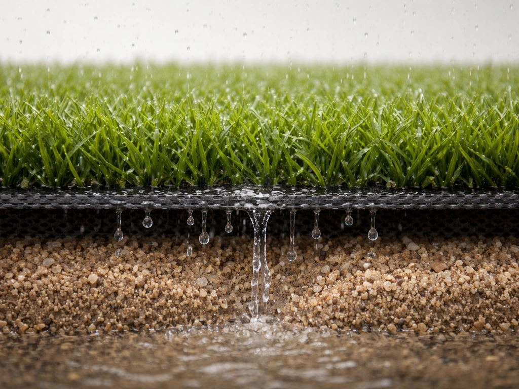 Coupe photoréaliste d’un gazon synthétique montrant l’eau qui s’infiltre entre les brins puis descend vers la sous-couch