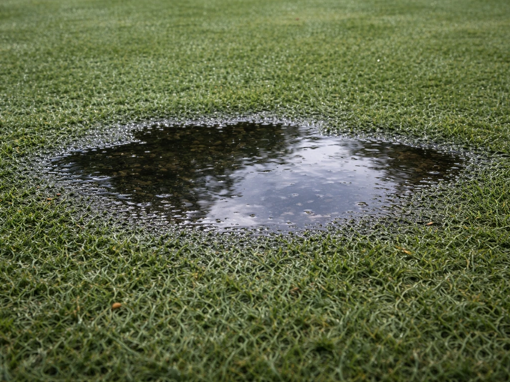 Flaque d’eau stagnante sur gazon synthétique après la pluie, en zone basse au centre.