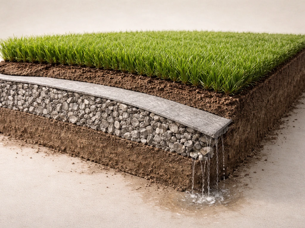 Gazon synthétique démonté, couches de drainage et pente prêtes à évacuer la pluie, en coupe