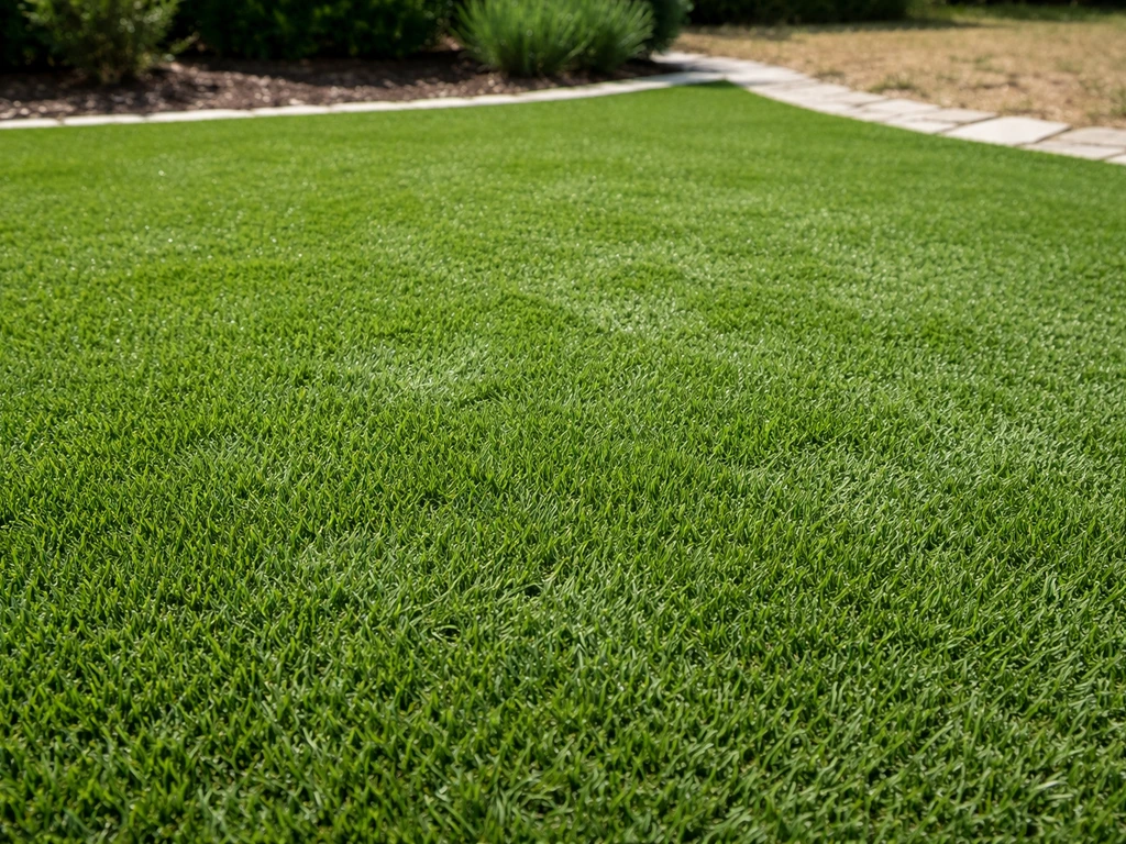 Gazon synthétique dense et vert, fibres visibles, rendu durable dans un jardin français au soleil.