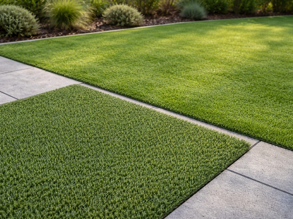 Coin de jardin avec deux zones de gazon synthétique distinctes, l’une très piétinée et l’autre plus récréative