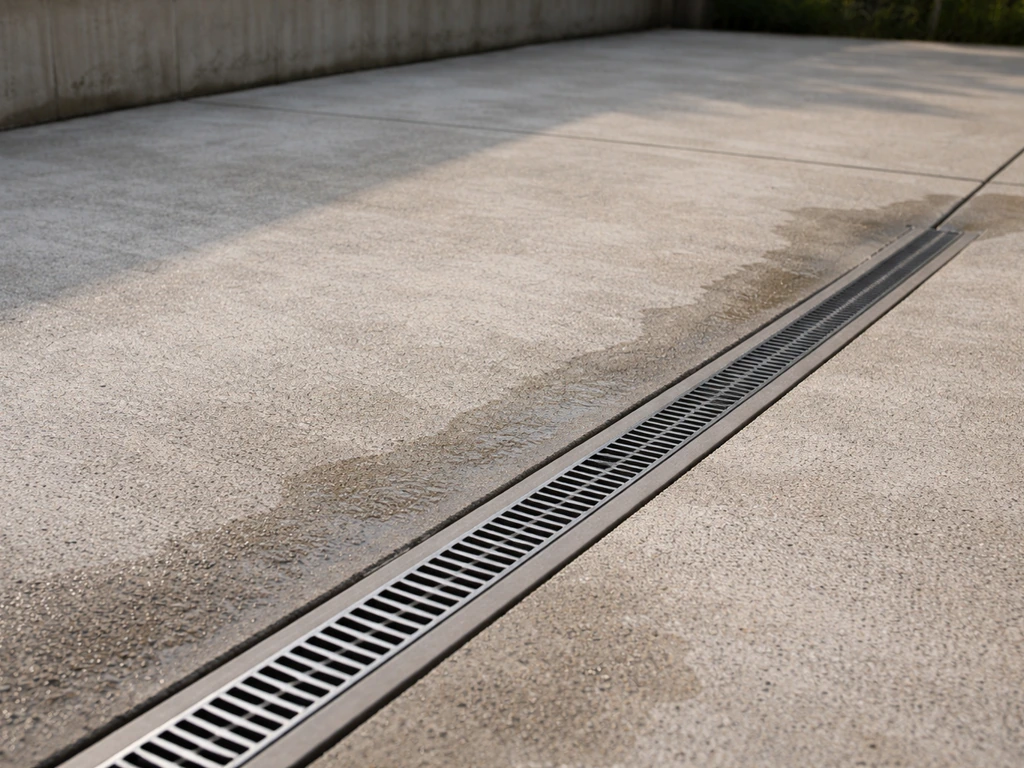Allée en béton en léger dénivelé avec caniveau discret et zone d’évacuation des eaux pour éviter la stagnation.