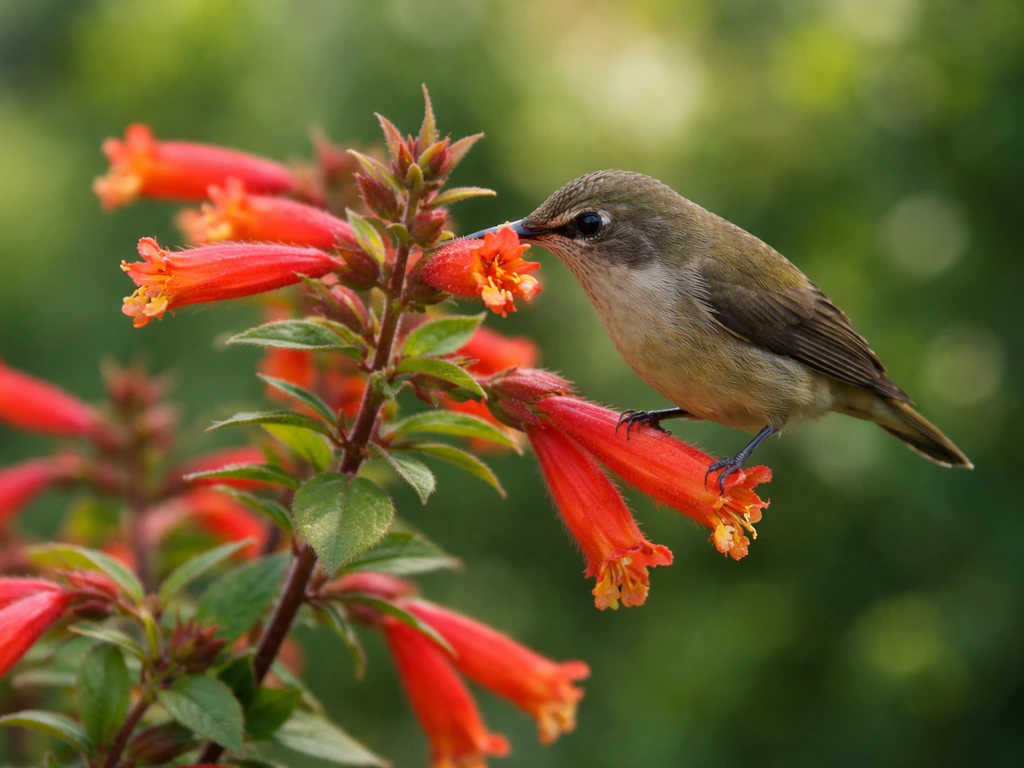 Colorful tubular flowers with a small bird feeding at the nectar, pollen-ready garden setting