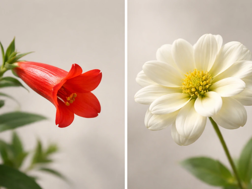 Two contrasting flowers: bird-pollinated red tubular bloom beside an insect-pollinated pale flat flower.