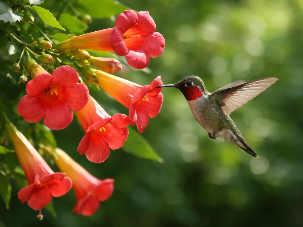 Hummingbird hovering to feed at several nearby trumpet flowers, wings blurred to show quick sequence stops.