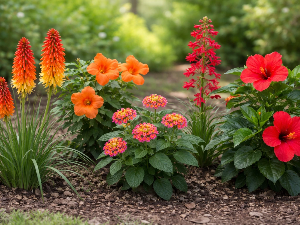 Five bright tubular bird-pollinated flowers in a simple garden bed, side-by-side for trait comparison.