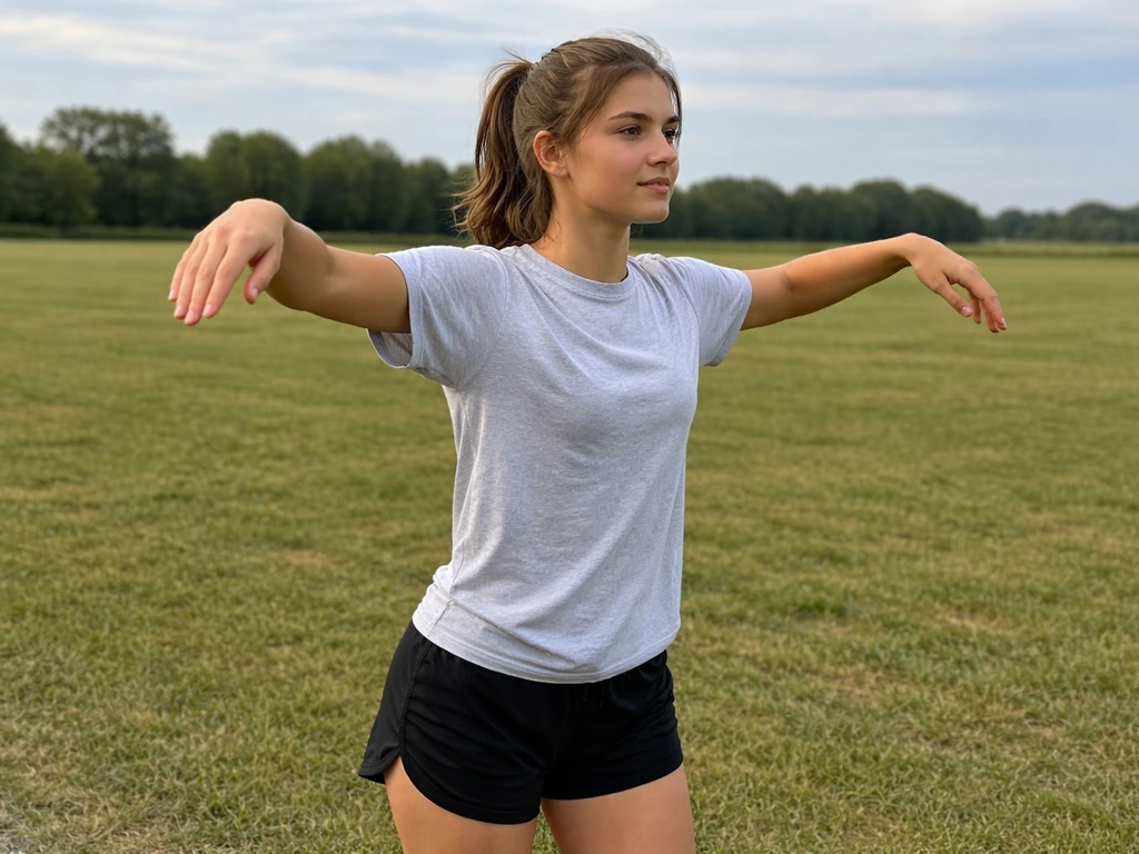 A person practicing bird-like wing flaps outdoors in an open field with relaxed elbows and wrists.