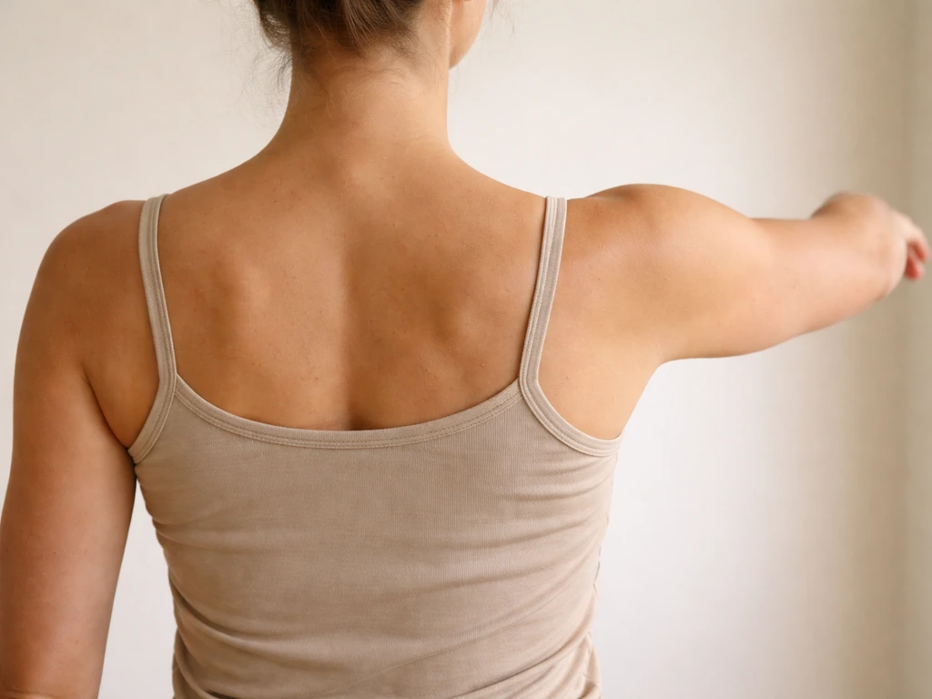 Close-up of shoulders showing shoulder blades gently pulled down and together, arms in safe movement range.