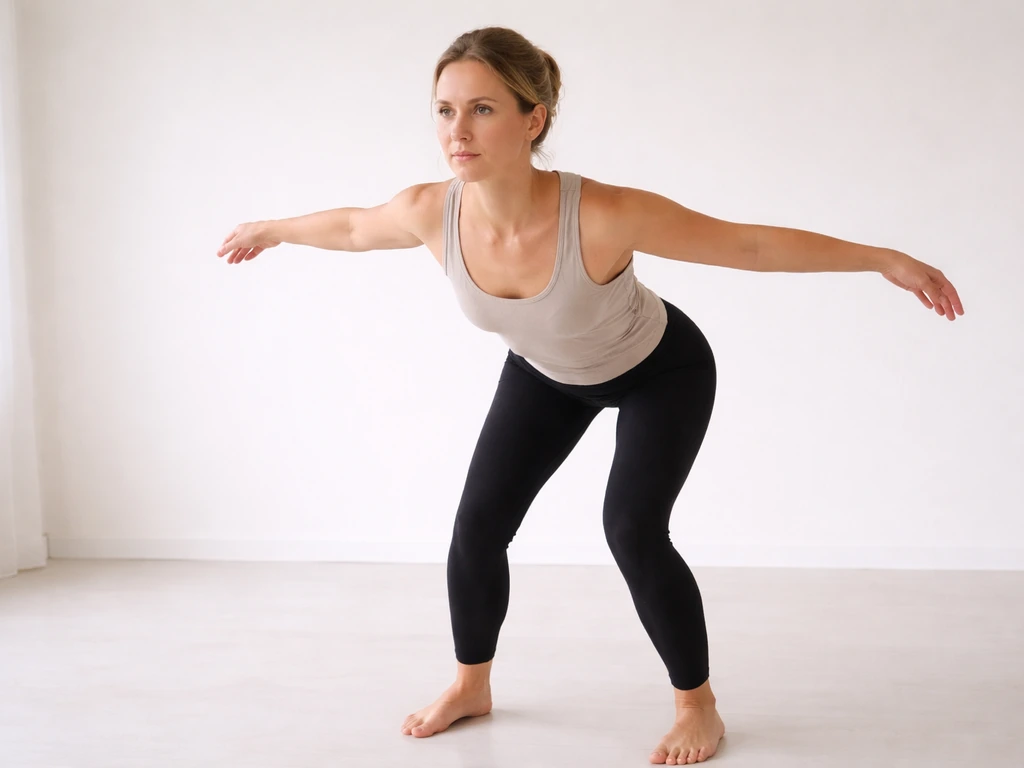 Person standing in a wing position: elbows bent and lifted out at shoulder height, feet shoulder-width apart.