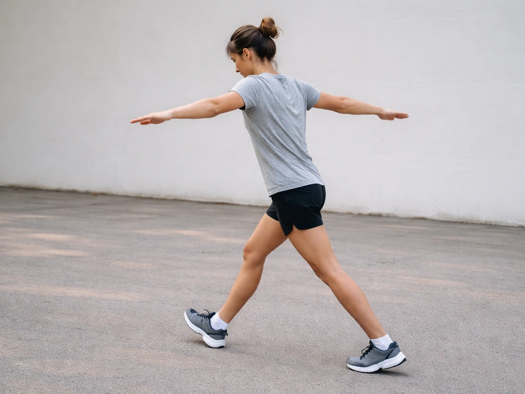 Person walking forward with arms held out steady in a glide-style drill in an open space